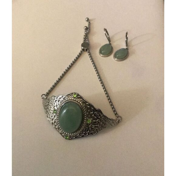 New~Gorgeous Oval Adventurine Bolo Slider Bracelet & Earring Set - Picture 2 of 6